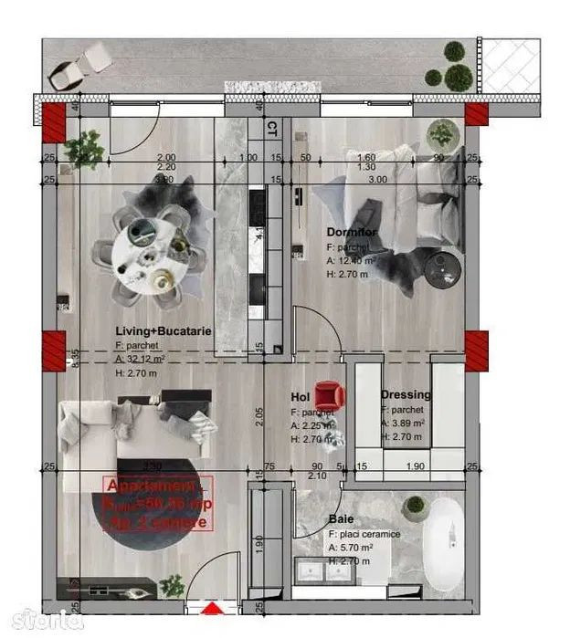 Apartament 2 camere Borhanci, 56 mp utili, semifinisat, garaj inclus in pret
