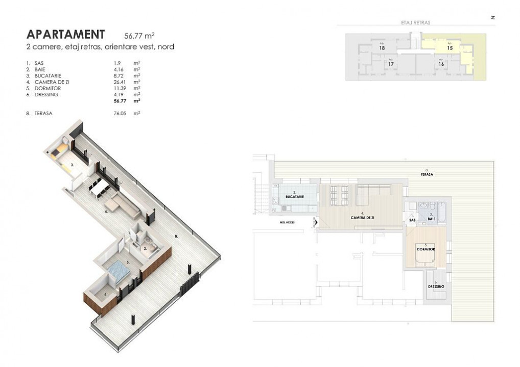 Apartament 2 camere Floresti, 57 mp utili, 76 mp terasa, parcare inclusa