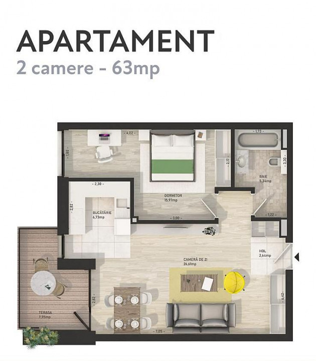 Apartament 2 camere in ansamblul The Nest, 57 mp utili, terasa, parcare inclusa