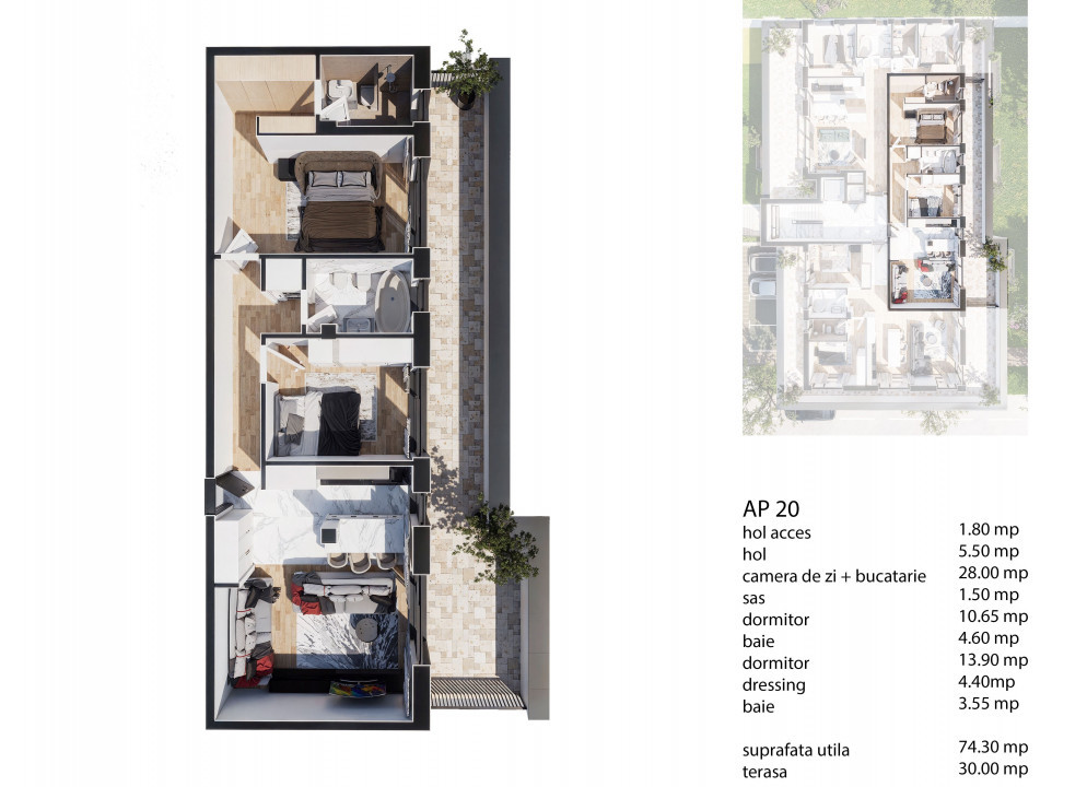 Penthouse de vanzare in Baciu, 74 mp utili, terasa 30 mp, ansamblu imobiliar nou