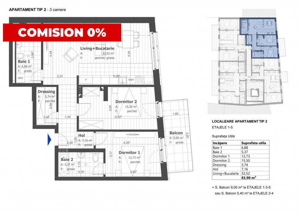 Apartament 3 camere zona Centrala-Parcul Feroviarilor, 84 mp utili, imobil nou