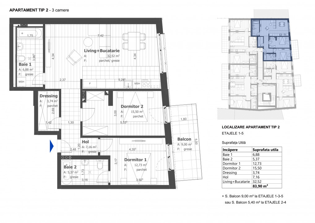 Apartament 3 camere zona Centrala-Parcul Feroviarilor, 84 mp utili, imobil nou