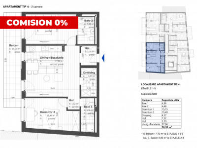 Apartament 3 camere zona Centrala, 77 mp utili, terasa 10 mp, imobil finalizat
